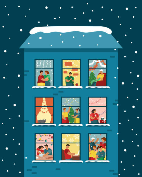 ilustrações de stock, clip art, desenhos animados e ícones de house with christmas windows, people celebrate new year at home - grandparents vertical
