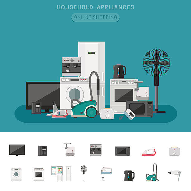 Household appliance Household appliance banner with vector flat icons microwave, coffee machine, washing machine, etc. appliance stock illustrations