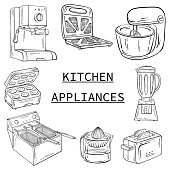 Household appliances for the kitchen, cafe and restaurant. Vector illustration in hand drawn graphics. Coffee maker toaster juicer mixer deep fryer barbecue grill