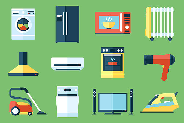 Household appliances Vector collection of household appliances icons. Flat style. microwave stock illustrations