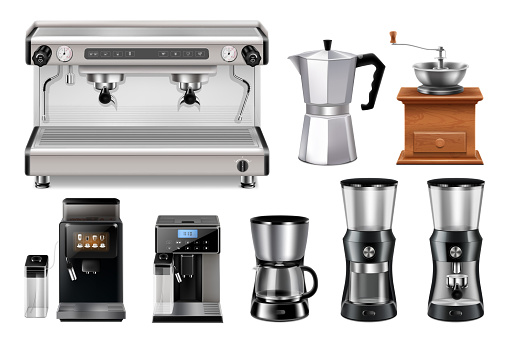 Household kitchen appliances set. Coffee maker, percolator coffee pot, professional coffee machine, siphon coffee, Retro coffee grinder, vacuum coffee maker turkish. Realistic 3d vector illustration