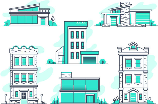 Houses and buildings property and accommodation line icons. Modern architecture outline symbos isolated Houses and buildings property and accommodation line icons. Modern architecture outline symbos isolated. Home architecture, garage and housing, vector illustration modern building stock illustrations