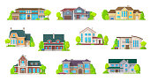 Houses, bungalow cottages and real estate buildings, vector icons. Private houses and residential architecture village, loft mansions and condominiums, family townhouse and home duplex apartments
