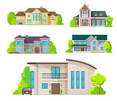 Houses, home buildings architecture, property real estate cottages and apartments, vector flat icons. Modern residential villas and mansion buildings, family houses, cottages, apartments and townhouse