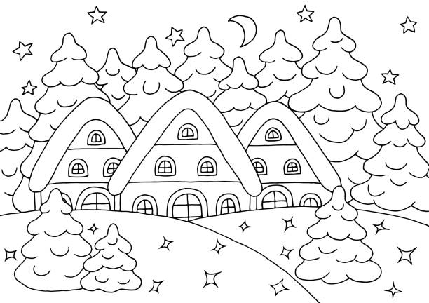 Houses in the winter forest - coloring page Houses in the winter snow spruce forest - coloring page for children and adults christmas coloring stock illustrations