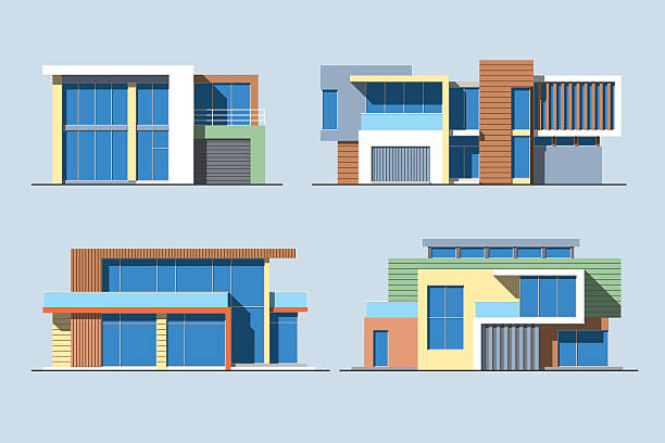 Houses linear 8 color Set of various design color vector flat style modern private residential houses isolated on blue background. Detailed graphic symbols and elements collection modern building stock illustrations