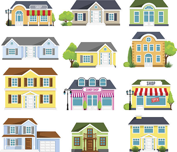 ilustrações, clipart, desenhos animados e ícones de conjunto de casas - casa fachada