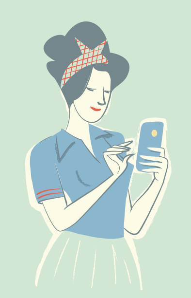 Housewife Calling for Cell Phone Housewife for Cell Phone in a retro Image oficina stock illustrations