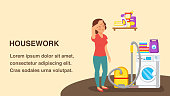 Housework Web Banner Flat Template with Text Space. Tired Housewife Cartoon Character. Washing Machine in Laundry. Vacuum Cleaner Vector Illustration. Household Chemicals on Shelf. Cleaning Supplies