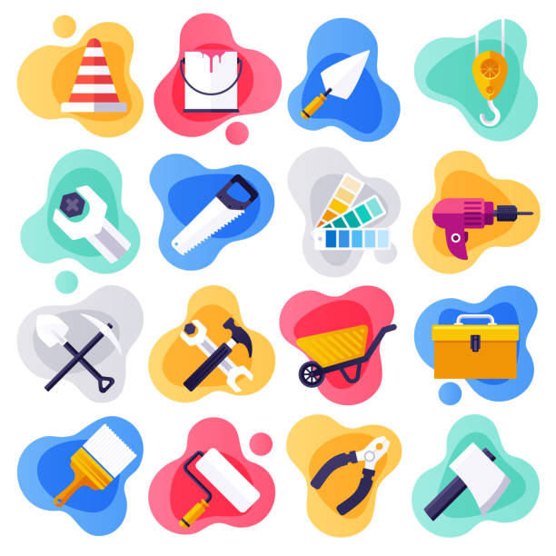 Housing Assistance & Handyman Service Flat Liquid Style Vector Icon Set Housing assistance and handyman service liquid flat flow style concept symbols. Flat design vector icons set for infographics, mobile and web designs. repairing illustrations stock illustrations