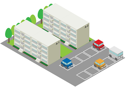 Housing complex with isometric parking lot