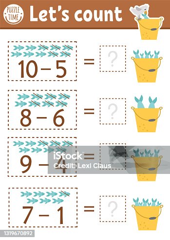 istock How many fish game with cute fishes in the bucket with water. Summer math subtraction activity for preschool children. Printable simple counting worksheet for kids with seagull 1319670892