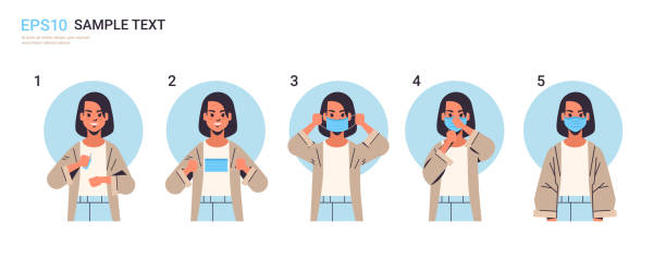 how to wear medical face mask covid-19 protection step by step correct method of wearing mask how to wear medical face mask covid-19 protection woman presenting step by step correct method of wearing mask to reduce coronavirus spreading horizontal portrait vector illustration covid variant stock illustrations