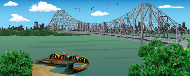 Howrah Bridge An iconic landmark of Kolkata, Howrah Bridge is a massive steel bridge constructed over the Hooghly River. Also known as Rabindra Setu, it connects Howrah and Kolkata. kolkata stock illustrations