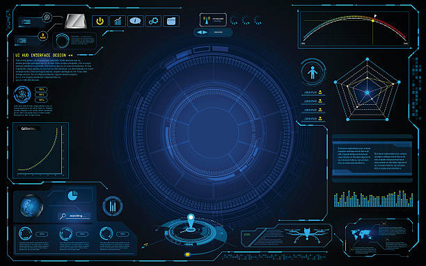hud interface technology computing screen innovation concept design background hud, interface, ui, template, icon, technology, tech, hi tech, sci fi,  computer, screen, monitoring, innovation, security, drone, world map, level, infographic, data, access, stream, online, copyspace, space, composition, circular, line, linear, texture, pattern, digital, networking, internet, vector, illustration, blue, gradient, background, backdrop, drone patterns stock illustrations