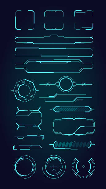 Hud ui elements. Sci fi infographic modern space symbols for web design interface futuristic digital frames for screen and dividers vector set Hud ui elements. Sci fi infographic modern space symbols for web design interface futuristic digital frames for screen and dividers vector set. Hud ui, innovation layout panel interface illustration internet borders stock illustrations