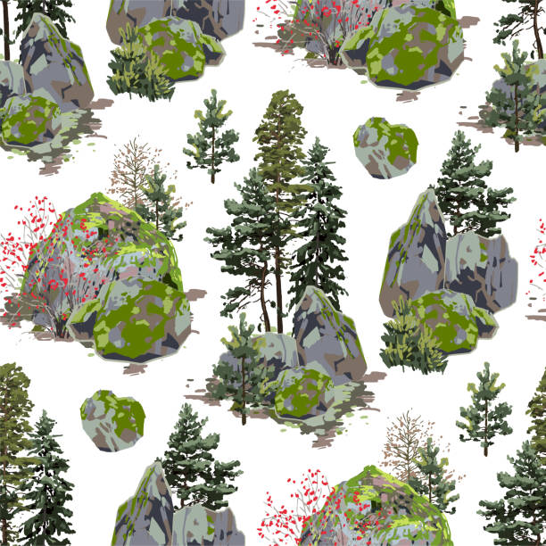 Huge rock, covered with moss, surrounded by coniferous trees and berry bushes Huge rock, covered with moss, surrounded by coniferous trees and berry bushes. Vector repeated seamless pattern moss stock illustrations