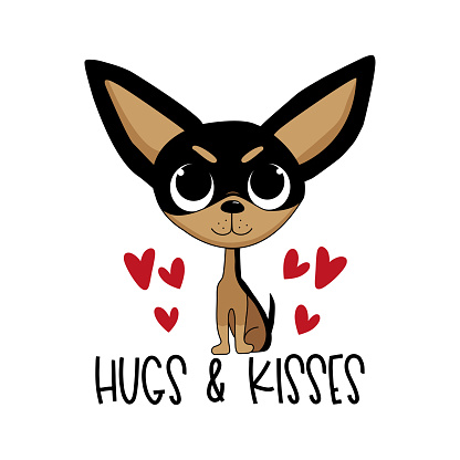 Hugs and kisses - cute cartoon chihuahua dog with hearts