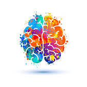 Human brain icon of watercolor splash paint