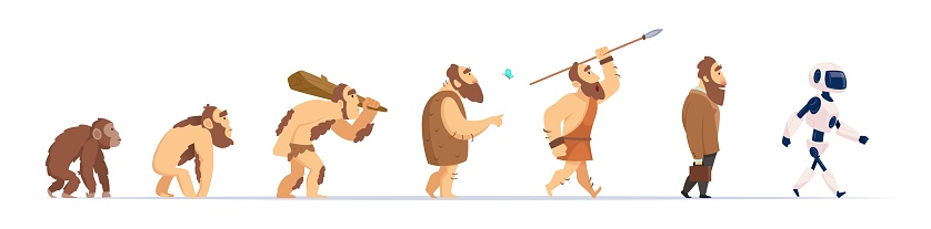 Human evolution. From monkey to cyborg historical concept exact vector revolutionizing characters