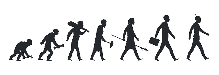 Human evolution silhouette. Monkey ape and caveman to businessman growing concept. Vector mankind development and evolution
