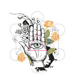 Human eye inside triangle against hand, semi-colored rose flowers and geometric figures on background. Concept of mysterious symbol. Vector illustration in hipster style for t-shirt print, banner