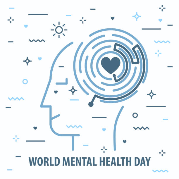 Human face and maze Human face and maze with right path for heart. Banner in linear style. With text World mental health day maze silhouettes stock illustrations