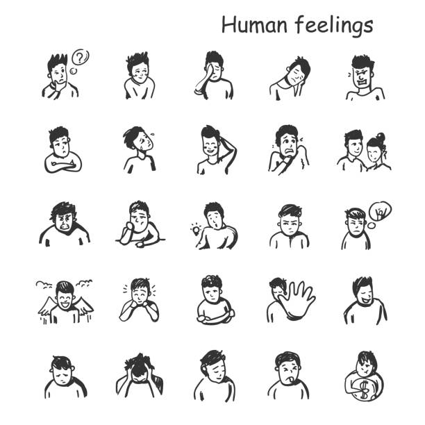 Human feelings line icons set. Outline drawing Human feelings line icons set. Outline sketches drawing. Human emotions and feelings concepts. Happiness, shame, anger, envy, worry, sorrow and more. Isolated vector illustrations pain drawings stock illustrations