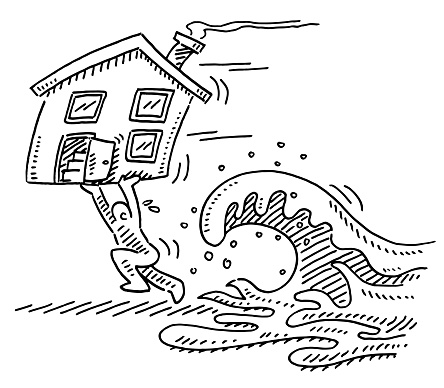 Human Figure Escaping With House From Tidal Wave Drawing