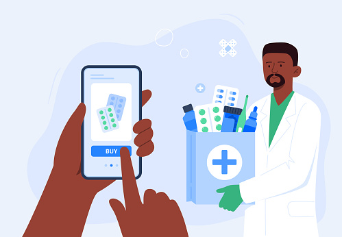 Human hand holding smartphone for online order of medicines. An African-American pharmacist with medical purchases. Online pharmacy, prescription medicines order. Vector flat illustration.