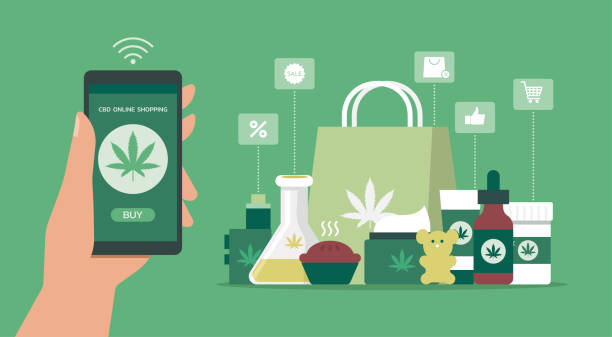 человеческая рука держа смартфон с помощью мобильного приложения заказать продукты кбр онлайн - cannabis stock illustrations