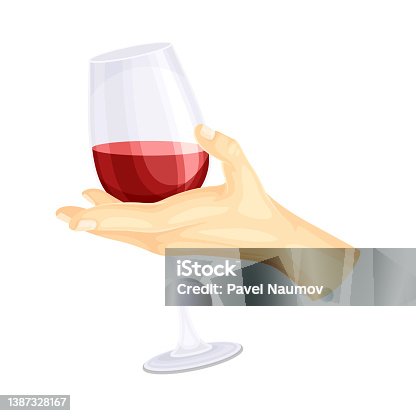 istock Human hand holding wineglass of red wine vector illustration 1387328167