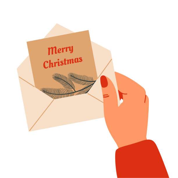 ilustrações de stock, clip art, desenhos animados e ícones de a human hand holds an envelope with a greeting card. - woman holding a christmas gift