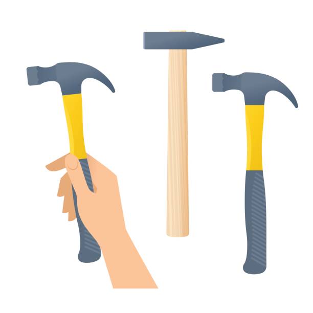 ilustrações de stock, clip art, desenhos animados e ícones de human hand holds hammer. hammers with wooden and plastic handles. - plastic hammers
