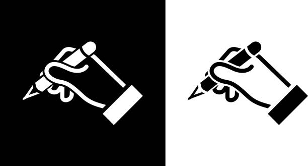 Human Hand Holds Pencil. Human Hand Holds Pencil.This royalty free vector illustration features the main icon on both white and black backgrounds. The image is black and white and had the background rendered with the main icon. The illustration is simple yet very conceptual. signs and symbols stock illustrations
