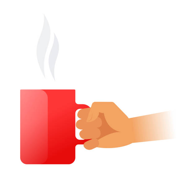 menschliche hand hält rote keramik-becher mit kaffee oder tee. - hand holding coffee stock-grafiken, -clipart, -cartoons und -symbole