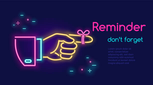 Human hand pointing finger and red tape on the finger in neon light style with text reminder dont forget on dark purple background Human hand pointing finger and red tape on the finger in neon light style with text reminder don't forget on dark purple background. Bright vector neon illustration light website banner, landing page reminder stock illustrations