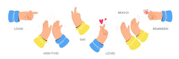 illustrations, cliparts, dessins animés et icônes de les mains humaines gesticulent: donner un high-five, pointer, taper, applaudir et rappeler - collaborateurs applaudissements