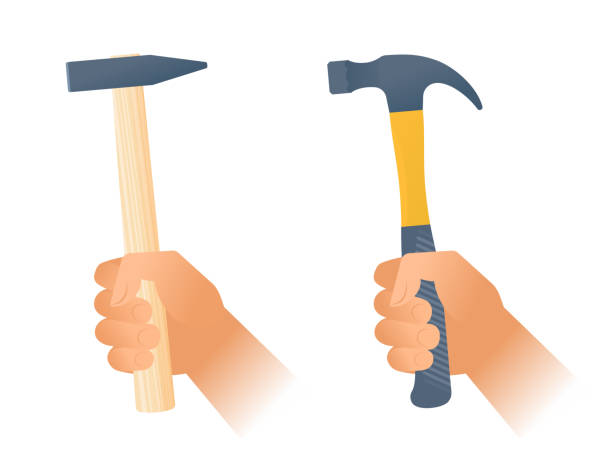 ilustrações de stock, clip art, desenhos animados e ícones de human hands hold a hummers with wood and plastic handles. - plastic hammers