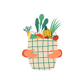 Human hands hold Eco basket full of vegetables isolated on white background. Eco-friendly shopper with fresh organic food from local market. Vector illustration in flat cartoon style.