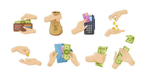 Human hands hold money set. People arms carry cash currency banknotes, golden coin sack