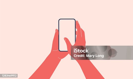 istock Human hands hold vertically mobile phone with blank screen. Females arm is touching smartphone display with thumb finger. 1283469912