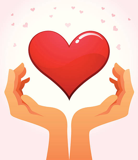 Human hands holding big red heart of love and desire vector art illustration