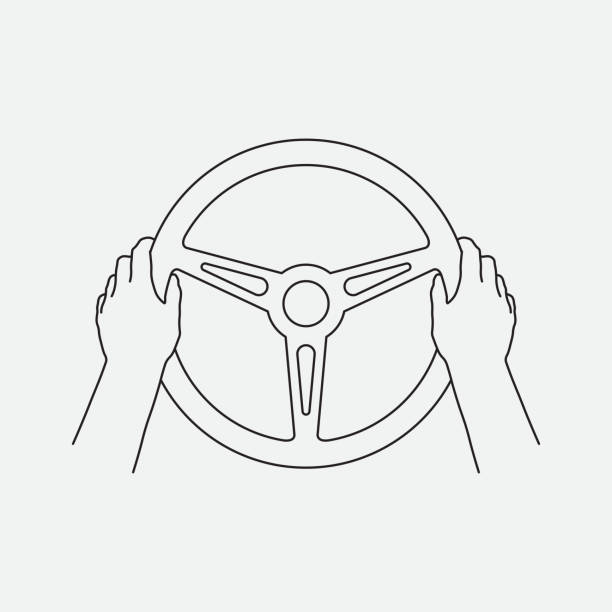 Human hands holding steering wheel Icon, Line design, editable strokes. Vector illustration EPS 10 steering wheel stock illustrations