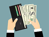 Human hands putting cash dollars into opened black leather men wallet with credit cards. vector illustration in flat design
