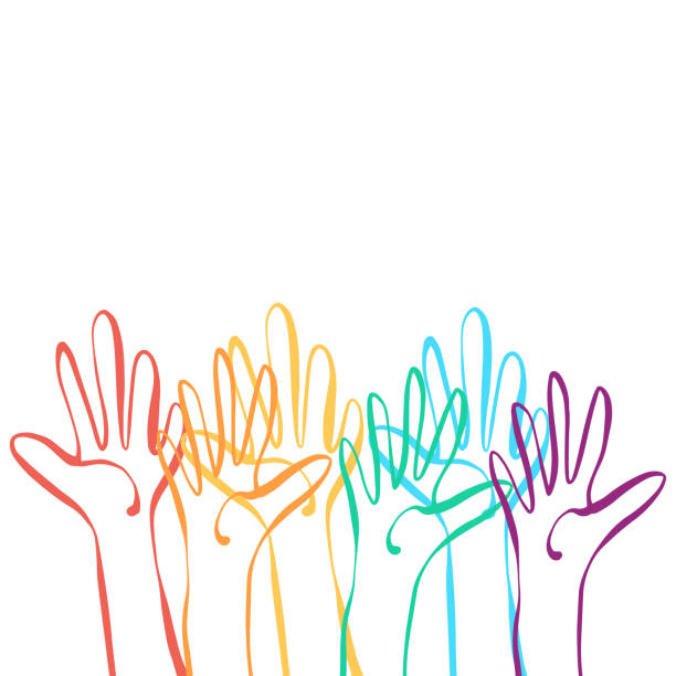 Human hands rainbow flag colors Vector illustration of a group of human hands with the colors of the rainbow flag. Good for design projects, backgrounds, social media ideas and concepts and marketing and business. hand backgrounds stock illustrations