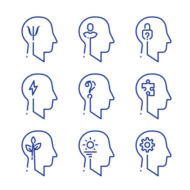 Human head profile line icon set, cognitive psychology or psychiatry, intellect training Human head profile line icon set, cognitive psychology or psychiatry. Intellect training, logic and memory improvement, decision making or behavior concept, vector linear design attitude stock illustrations