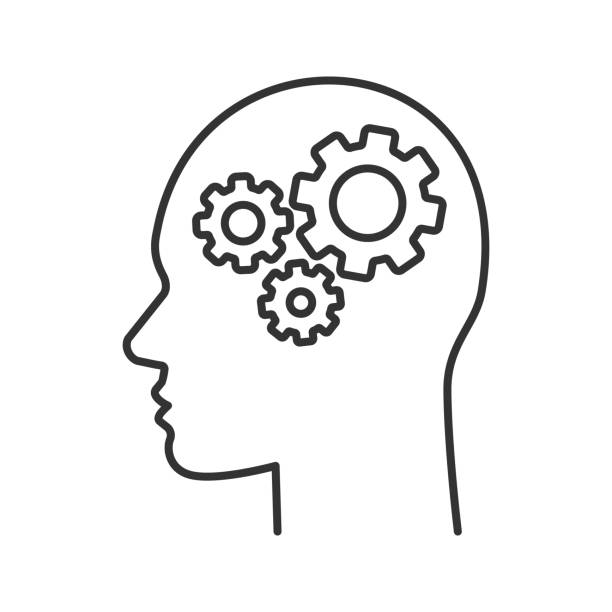 Human head with cogwheels inside icon Human head with cogwheels inside linear vector icon. Thin line. Artificial intelligence head stock illustrations