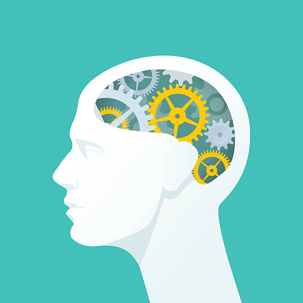Human head with gears. Thinking. Flat illustration of human head. The concept of functioning of the human brain. human head stock illustrations