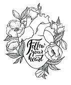 Human heart illustration with flowers and quote lettering. Great for valentine card or poster